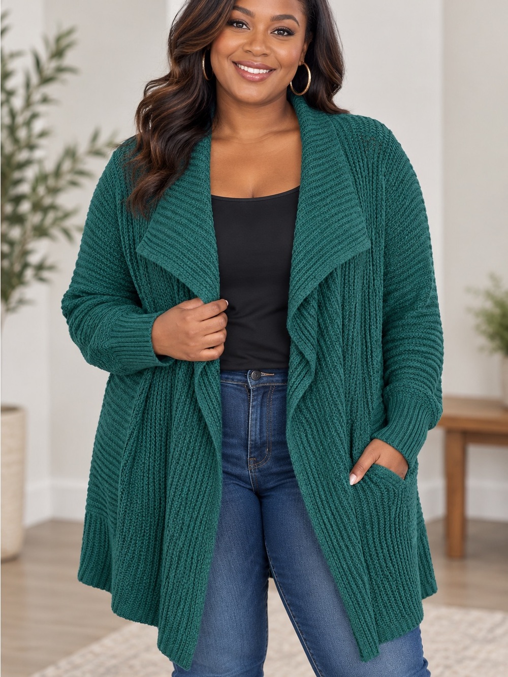 Plus-Size Draped Open-Front Cardigan Sweater - Teal Green